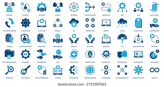 Symbolsatz für die Unternehmensintegration Mit Fusion, Synergie, Allianz, Netzwerk, Workflow, ERP, CRM-Symbol. Doppeltonstil