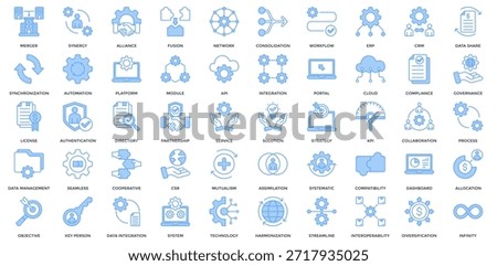 Business Integration icon set. Containing merger, synergy, alliance, network, workflow, ERP, CRM icon. Lineal Blue style