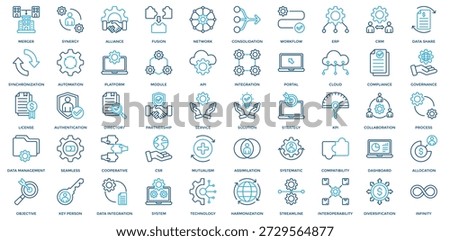 Business Integration icon set. Containing merger, synergy, alliance, network, workflow, ERP, CRM icon. Outline Color style