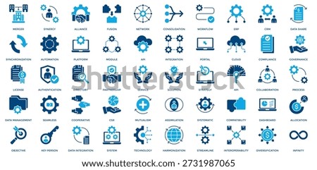 Business Integration icon set. Containing merger, synergy, alliance, network, workflow, ERP, CRM icon. Dual Tone style