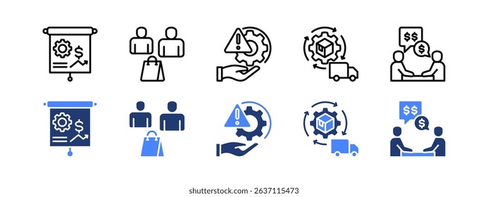 Business integration icon set with Business Plan, Customer, Risk Management, Supply Chain Management and Negotiation.
