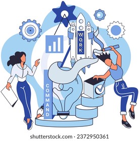 Business integration, partnership to get solution. Solving problem and command work, teamwork. Effective business strategy and complex task cooperation as successful process in new idea development