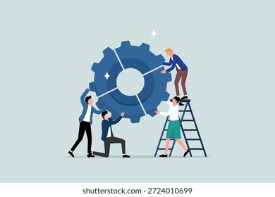 Integración empresarial, alianzas para conseguir soluciones, conexiones o trabajo en equipo, eficiencia laboral, empresarios y compañeros conectados como engranajes.