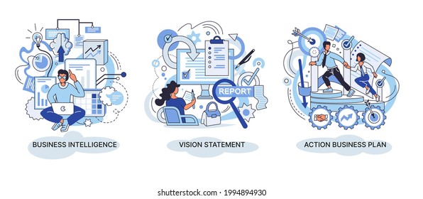 Business intelligence action business plan. Strategic planning automation process. Mission rules vision statement competitive intelligence, goals action plan, loyalty abstract metaphor, teamwork set