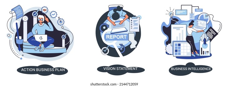 Plan de negocio de acciones de inteligencia de negocios. Proceso de automatización de la planificación estratégica. Reglas de la misión declaración de visión inteligencia competitiva, plan de acción de objetivos, metáfora abstracta de lealtad, conjunto de trabajo en equipo