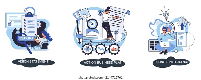 Plan de negocio de acciones de inteligencia de negocios. Proceso de automatización de la planificación estratégica. Reglas de la misión declaración de visión inteligencia competitiva, plan de acción de objetivos, metáfora abstracta de lealtad, conjunto de trabajo en equipo