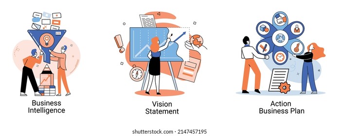 Business intelligence action business plan. Strategic planning automation process. Mission rules vision statement competitive intelligence, goals action plan, loyalty abstract metaphor, teamwork set