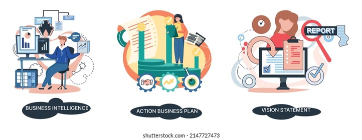 Business intelligence action business plan. Strategic planning automation process. Mission rules vision statement competitive intelligence, goals action plan, loyalty abstract metaphor, teamwork set