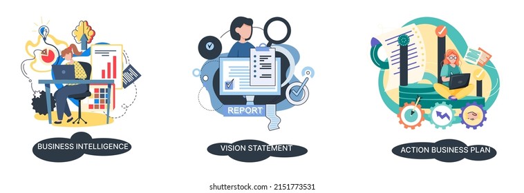 Business intelligence action business plan. Strategic planning automation process. Mission rules vision statement competitive intelligence, goals action plan, loyalty abstract metaphor, teamwork set