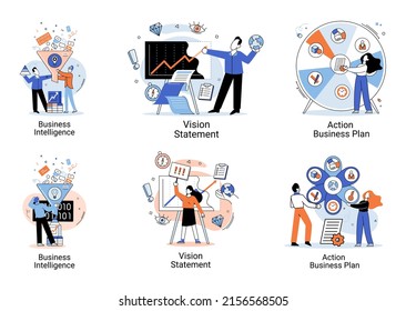 Business intelligence action business plan. Strategic planning automation process. Mission rules vision statement competitive intelligence, goals action plan, loyalty abstract metaphor, teamwork set