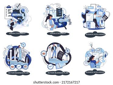 Business intelligence action business plan. Strategic planning automation process. Mission rules vision statement competitive intelligence, goals action plan, loyalty abstract metaphor, teamwork set