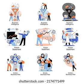 Business intelligence action business plan. Strategic planning automation process. Mission rules vision statement competitive intelligence, goals action plan, loyalty abstract metaphor, teamwork set