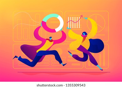 Business intelligence, business analysis, IT management tools concept. Vector isolated concept illustration. Small heads and huge legs people. Hero image for website.