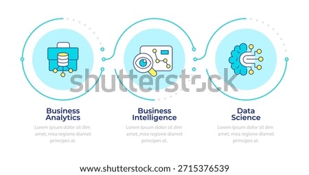 Business intelligence analysis techniques infographic 3 steps. Artificial intelligence. Flow chart infochart. Editable vector info graphics icons