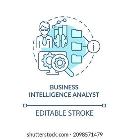 Business Intelligence Analyst Türkis Konzept Symbol. Software Manager abstrakte Idee dünne Linie Illustration. Einzeln Umrisszeichnung. Bearbeitbarer Strich. Verwendung von Roboter-Medium, Myriad Pro-Fett-Schriftarten