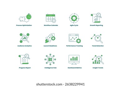Business Intelligence and Analytics Icon Set. Process Optimization, Agile Cycle, Workflow Calendar, Trend Detection, Dashboard Metrics