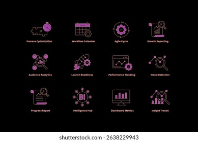 Business Intelligence and Analytics Icon Set. Agile Cycle, Performance Tracking, Dashboard Metrics, Insight Trends, Data Visualization