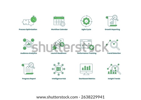Business Intelligence and Analytics Icon Set. Process Optimization, Agile Cycle, Workflow Calendar, Trend Detection, Dashboard Metrics