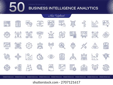 Schlagwort-Symbol für Business Intelligence Analytics. Business Intelligence Analytics-Positionssymbolsatz. bearbeitbares Strichsymbolpaket. Paket von Symbolen für Linien, dünn und linear. Vollständig anpassbar