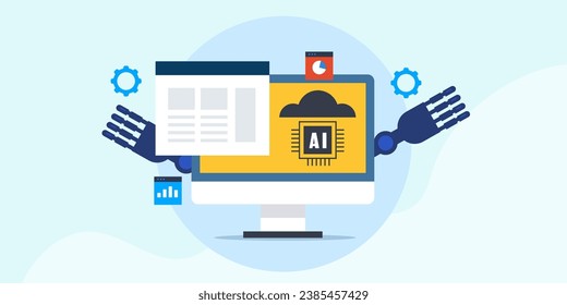 Business intelligence, Artificial intelligence helping business, AI tool for business solution, AI marketing software - vector illustration with icon