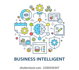 Plantilla de banner de Business Intelligence con iconos planos. Conjunto de aprendizaje automático, ciencia de datos, gestión de riesgos, modelación digital y otros.