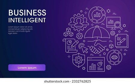 Plantilla de banner de Business Intelligence con iconos lineales. Conjunto de aprendizaje automático, ciencia de datos, gestión de riesgos, modelación digital y otros.