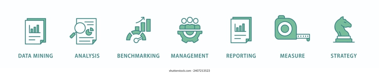 Business intelligence banner web icon vector illustration concept with icon of data mining, analysis, benchmarking, management, reporting, measure, and strategy