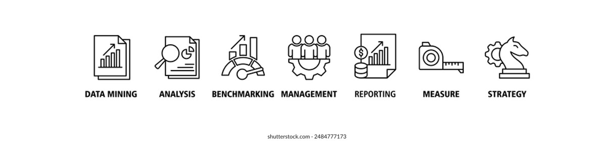 Business intelligence banner web icon set vector illustration symbol concept with icon of data mining, analysis, benchmarking, management, reporting, measure, and strategy