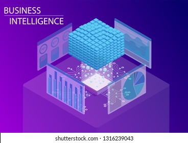 Business intelligence, BI concept with data cube and analytics dashboard. 3d isometric vector illustration