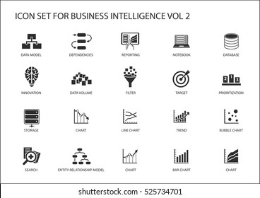 Business intelligence (BI) vector icon set