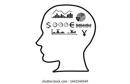 Business intelligence brain, human head silhouette, analytical schematic graphs, analytical mind concept.