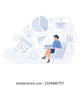 Business intelligence, businesswoman working with performance tools and software solutions, flat vector modern illustration 	