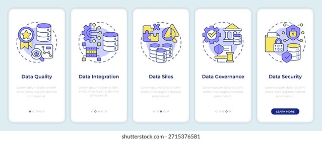 Business intelligence desafía la incorporación de la pantalla del App móvil. Instrucciones gráficas editables de 5 pasos con conceptos lineales. UI, UX, GUI