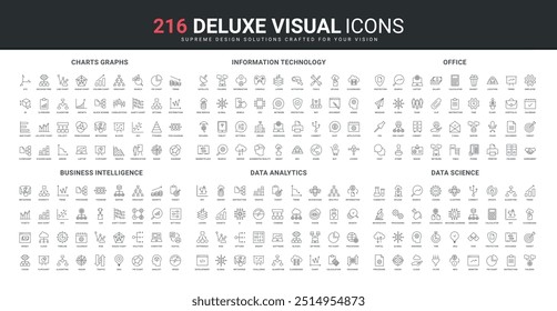 Business intelligence, charts and graphs of data, trends growth, elements of office work line icon set. Science analytics and information technology thin black outline symbols vector illustration