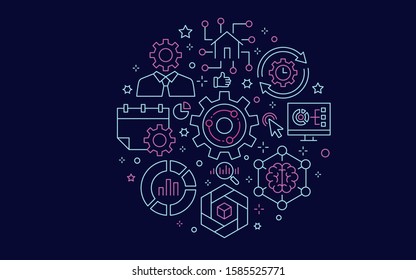 Business intelligence circle template icons. Set of machine learning, analytics, visualization, science and more. Vector illustrations.