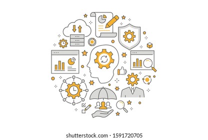 Business intelligence circle template icons. Set of machine learning, analytics, network, visualization, science vector illustrations.