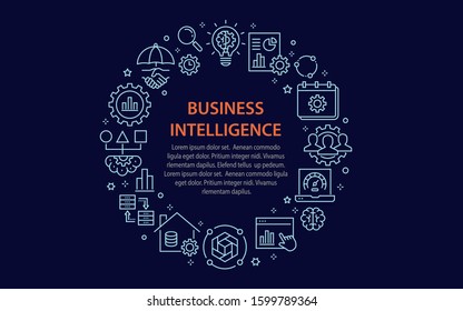 Business intelligence circle template icons. Set of machine learning, analytics, visualization, science and more. Vector illustrations.