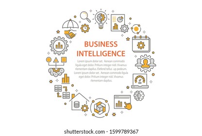 Business intelligence circle template icons. Set of machine learning, analytics, visualization, science vector illustrations.