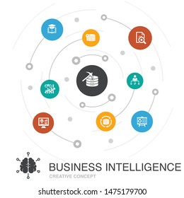 Business intelligence colored circle concept with simple icons. Contains such elements as. data mining, knowledge, visualization, decision icons