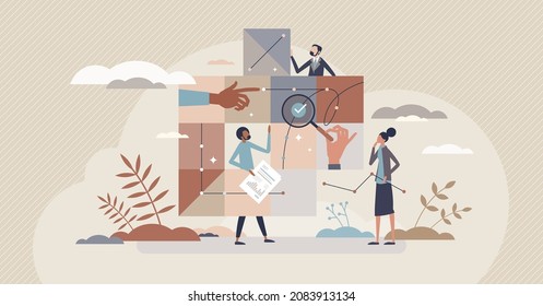 Business intelligence and company strategy management tiny person concept. Organization teamwork job with data mining and effective usage vector illustration. Project modeling and forecasting guide.