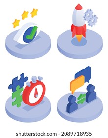 Business intelligence concept 4 isometric round icons solutions prioritization events processing development communication symbols isolated vector illustration