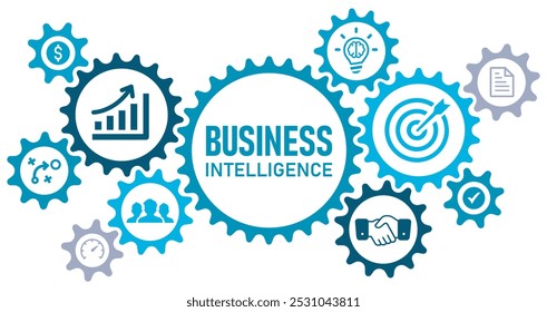 Business Intelligence conceito banner vetor ilustração data mining, análise, medição, benchmarking, relatório e gerenciamento, com objetivo, dinheiro, aperto de mão, estratégia, equipe, velocidade, fundo branco