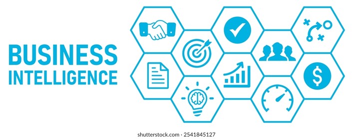 Business intelligence concept banner vector illustration data mining, analysis, measurement, benchmarking, report and management, with goal, money, handshake, strategy, team, speed, white background