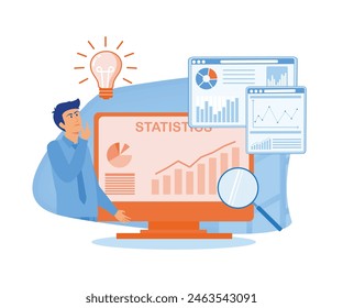 Concepto de inteligencia empresarial. Análisis de datos empresariales, herramientas de gestión, inteligencia, desarrollo de estrategias de Empresa, toma de decisiones basada en datos.ilustración moderna de Vector plano 