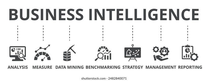 Business intelligence concept icon illustration contain analysis, measure, data mining, benchmarking, strategy, management and reporting.