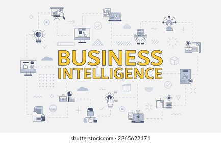 business intelligence concept with icon set with big word or text on center