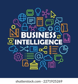 BUSINESS INTELLIGENCE business concept with icons arranged in a circle on dark blue background