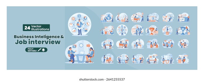 Business intelligence concept and job interview. Business people work together analyzing data and discussing in the office. Mega set.