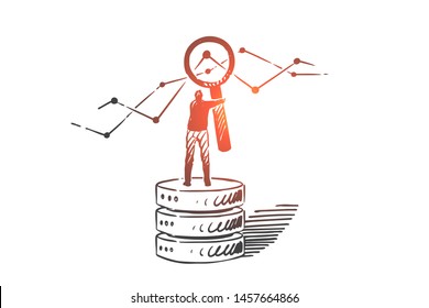 Business intelligence concept sketch. Businessman standing on heap of gear wheels and looking at business statistics analysis through magnifier. Hand drawn isolated vector illustration