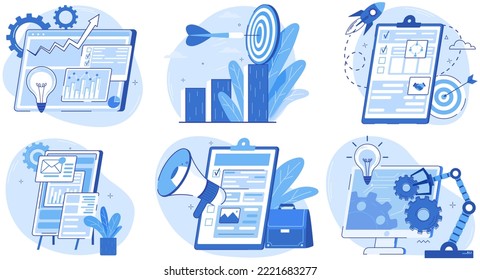 Business intelligence concept vector background illustration set with various items and symbols, clip board with plan or list, space ship, computer simulation, paper document for an analytical meeting